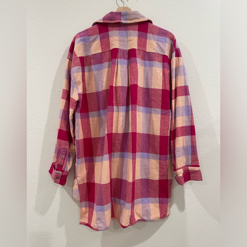 Free People We The Free Izzie Button Up Oversized Shirt Pink Plaid Medium - Picture 9 of 12